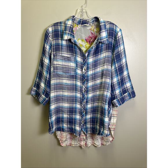 Soft Surroundings Serena Mixed Media Plaid Tunic L Embroidered Floral Artsy - Picture 1 of 11